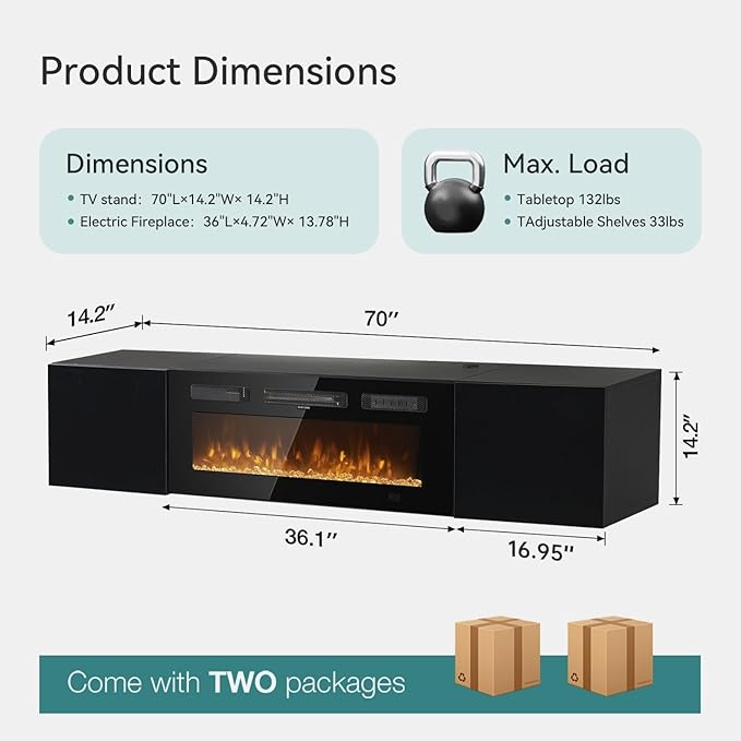 MXV 70'' Floating TV Stand, Modern Media Entertainment Center with 36" Electric Fireplace, TV Console Cabinet Wall Mounted, Adjustable 12-Color LED Lights, for Living Room, Black + Black