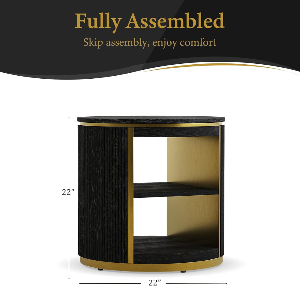 AUZ Round Black and Gold Fluted End Table Set of 2, 22" Mid Century Mode...
