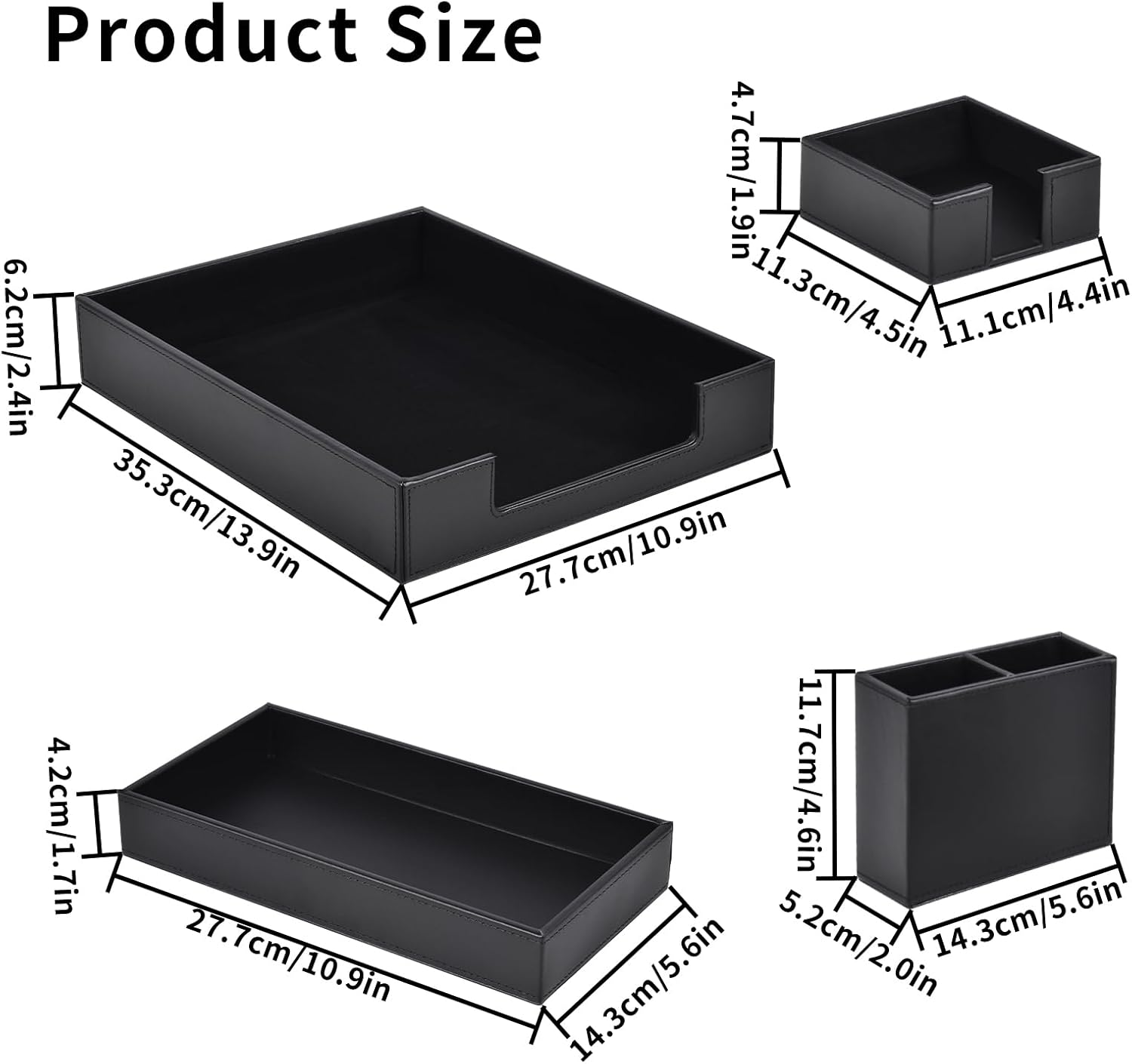 4 Pack Leather Office Supplies/Desk Organizer for Letter Paper Tray,Sticky Note Holder,Pen Cup,Stackable Small Letter Mail Sorter Tray,Workspace Decor for Women Men (Black, 4-piece set)