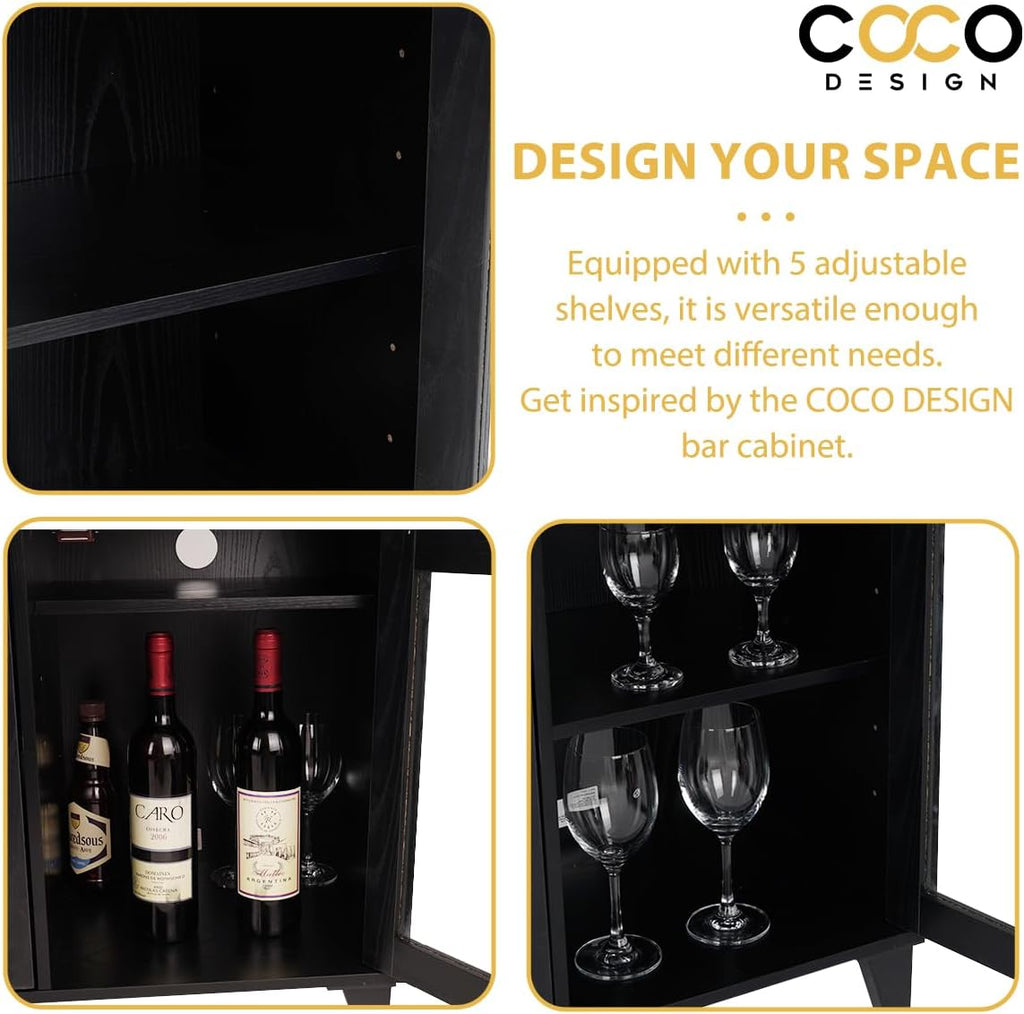 COCO DESIGN Small Bar Cabinet, Black Modern Liquor Wine Cabinet with Storage with Led Light for Home, Farmhouse Buffet Coffee Sideboard with Glass Door & Wavy Wine Rack for Kitchen