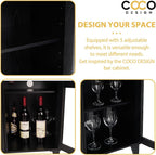 COCO DESIGN Small Bar Cabinet, Black Modern Liquor Wine Cabinet with Storage with Led Light for Home, Farmhouse Buffet Coffee Sideboard with Glass Door & Wavy Wine Rack for Kitchen