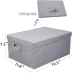HOONEX Linen Foldable Storage Bins with Lids, 2 Pack, Storage Boxes with Carrying Handles and Sturdy Heavy Cardboard, 16.5" L x 11.8" W x 7.5" H for Shoes, Books, Clothes, Light Grey