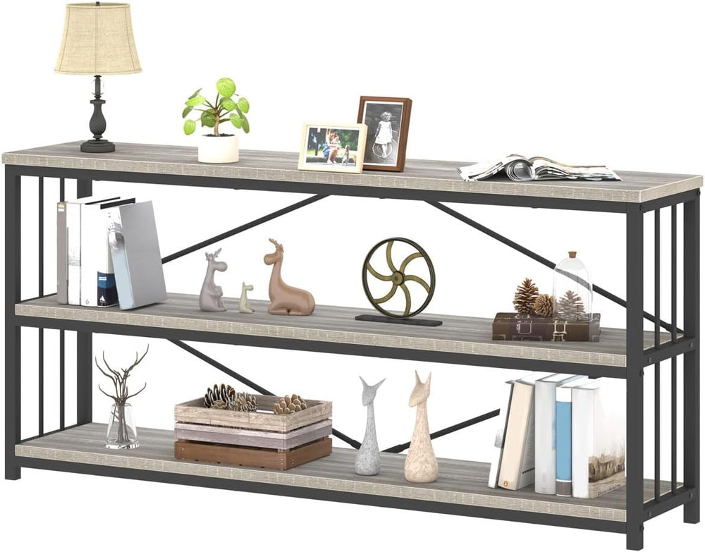 IBF 63 Inch Long Horizontal Bookshelf, Industrial 3 Tier Low Bookcase Grey