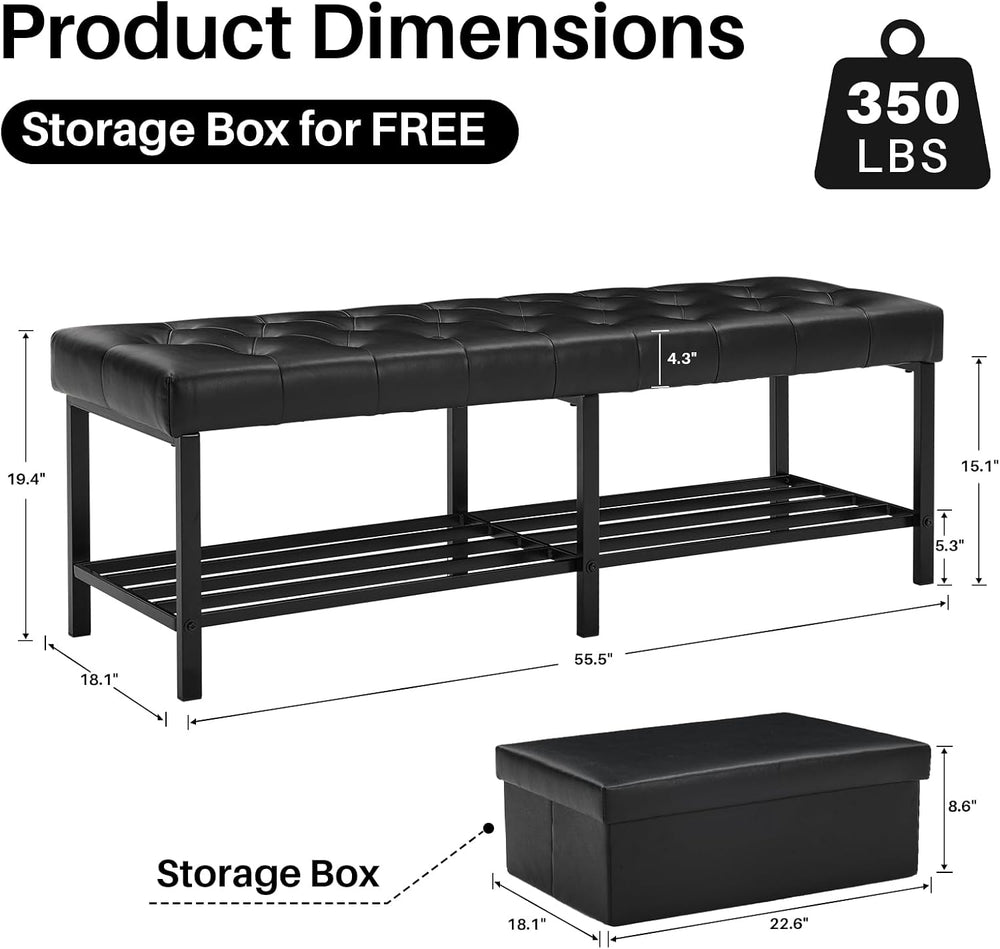 SOFTHION 55.5" End of Bed Bench, Faux Leather Entryway Bench, Black | Mo...