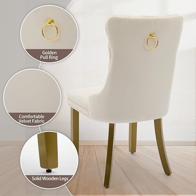 Velvet Dining Chairs Set of 4, High-end Tufted Upholstered Dining Chair with Back Ring Pull, Nailhead Trim and Golden Solid Wood Legs, Modern Dining Room Chairs for Dining Room, Cream