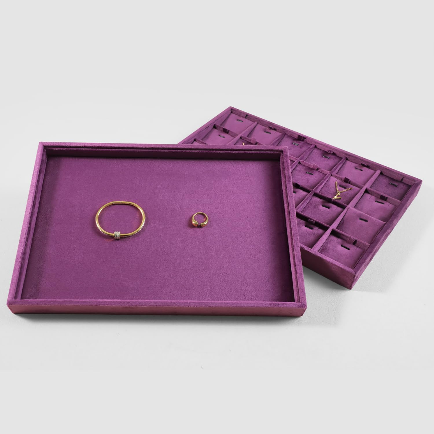 Velvet Stackable Jewelry Display Flat Tray For Ring Earring Necklace Bracelet, Bangle Pendant Storage Blank Plate, Shop Countertop Jewelry Dish Organizer (Purple)
