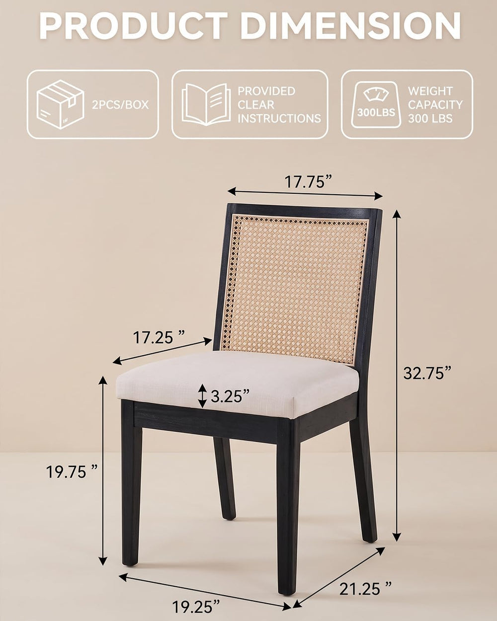 HNY Farmhouse Rattan Dining Chairs Set of 6, Black Solid Hardwood Frame, Upho...