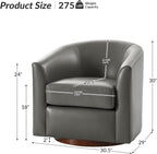 HULALA HOME Genuine Leather Swivel Barrel Chair with Solid Wood Base, Grey | Transitional Round Swivel Accent Chair with Flared Armrests, No Assembly Required, for Living Room Bedroom Reading Relaxation