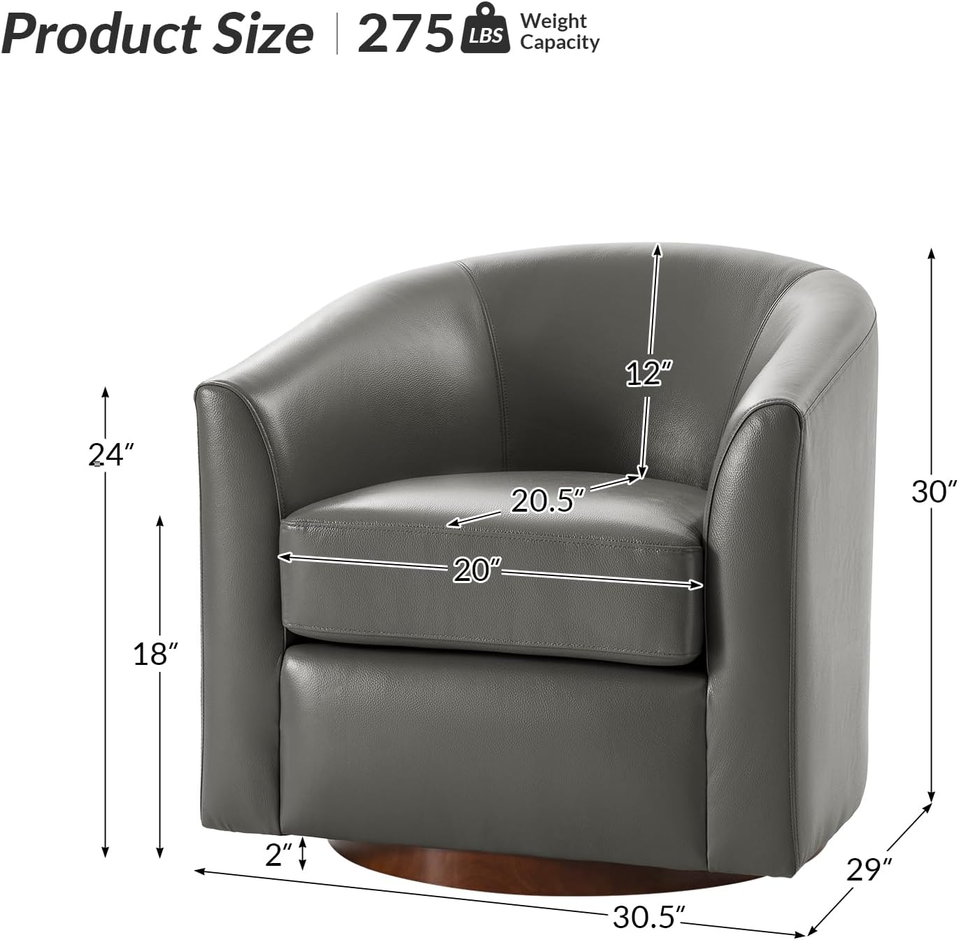 HULALA HOME Genuine Leather Swivel Barrel Chair with Solid Wood Base, Grey | Transitional Round Swivel Accent Chair with Flared Armrests, No Assembly Required, for Living Room Bedroom Reading Relaxation