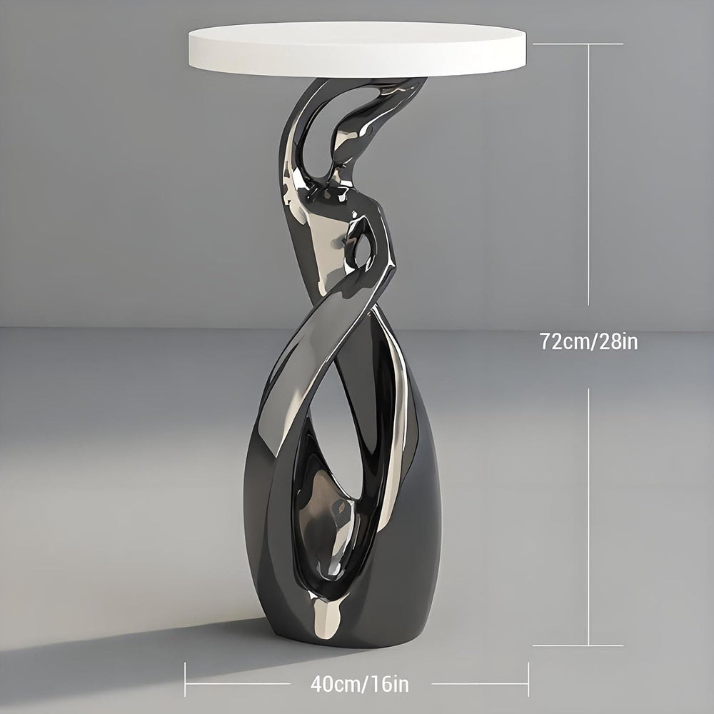 Resin Round End Table with Wood Top, Abstract Sculpture Side Table Modern Art...