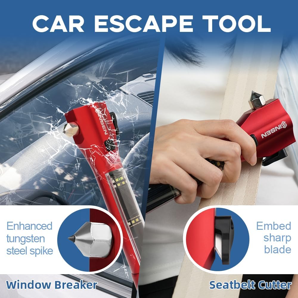 SINSEN Emergency Flashlight for Car, Seatbelt Cutter Window Breaker, 16-in-1 ...