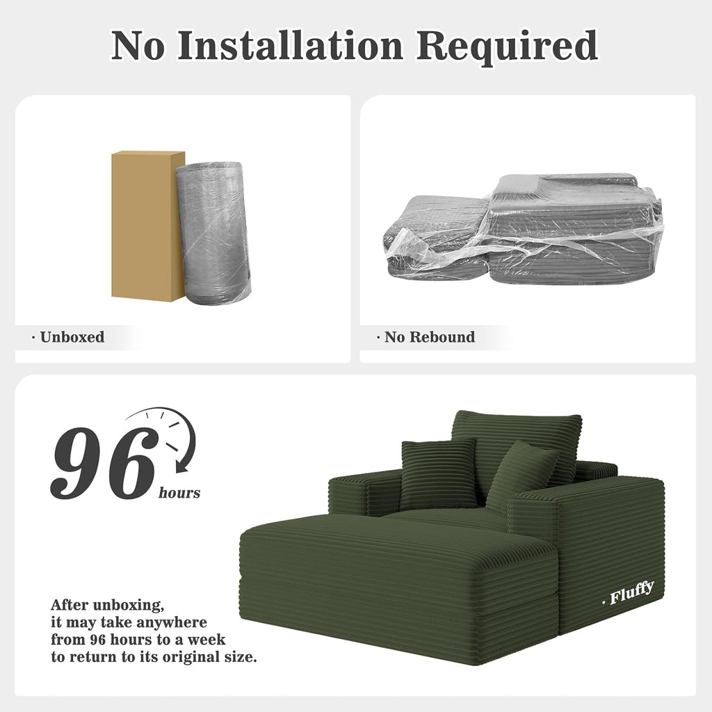 Gericco 52" Boneless Chaise Lounge Chair Indoor — Oversized Cloud-Like Cozy Comfy Modular 3-in-1 Sofa Bed for Reading, Living Room & Bedroom Corduroy Couch Sleeper, Beige
