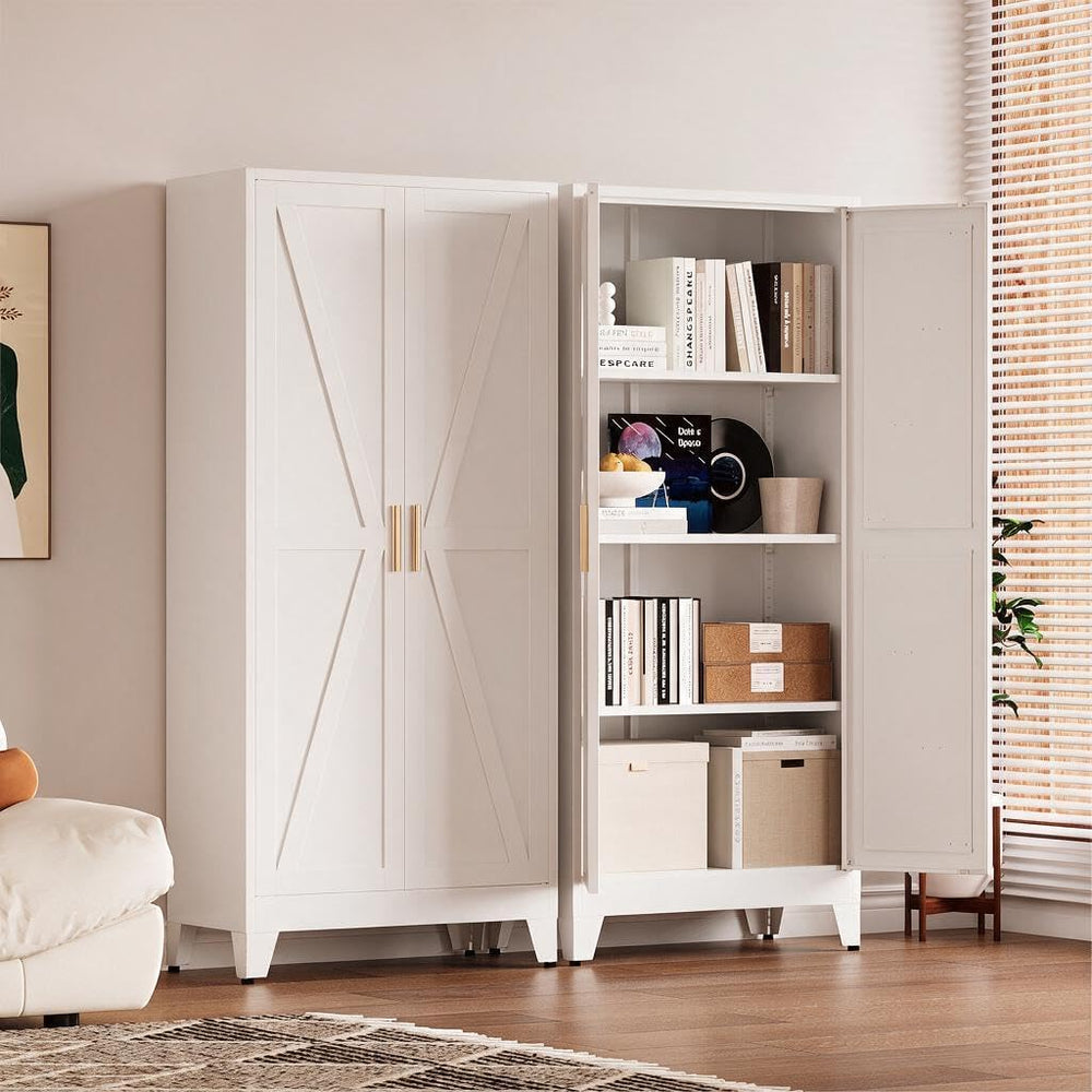 61" Tall Pantry Cabinet, White Metal Pantry Storage Cabinet | Metal Farm...