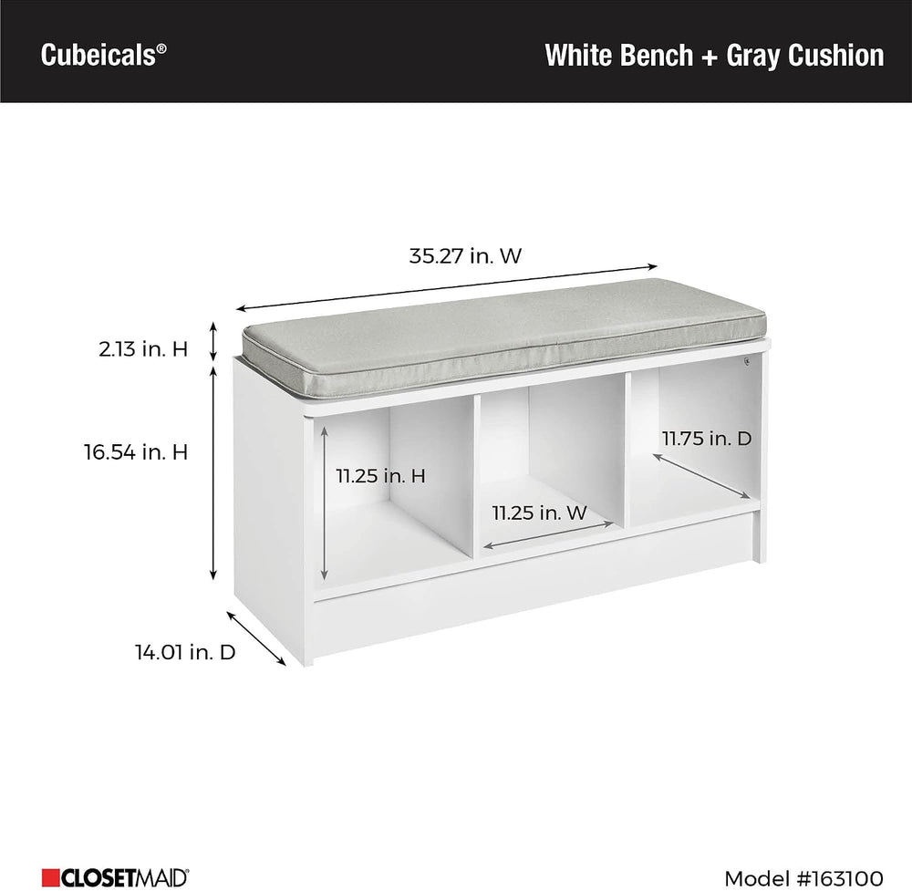 ClosetMaid 1631 Cubeicals 3-Cube Storage Bench, White with Gray Cushion