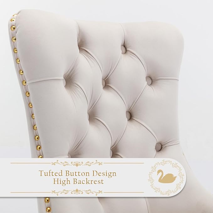 Velvet Upholstered Dining Chairs Set of 8, Modern Style Kitchen Side Chairs with Nailhead Trim and Gold Plated Leg, Metal Pulling Ring for Dining Room Living Room(Beige)