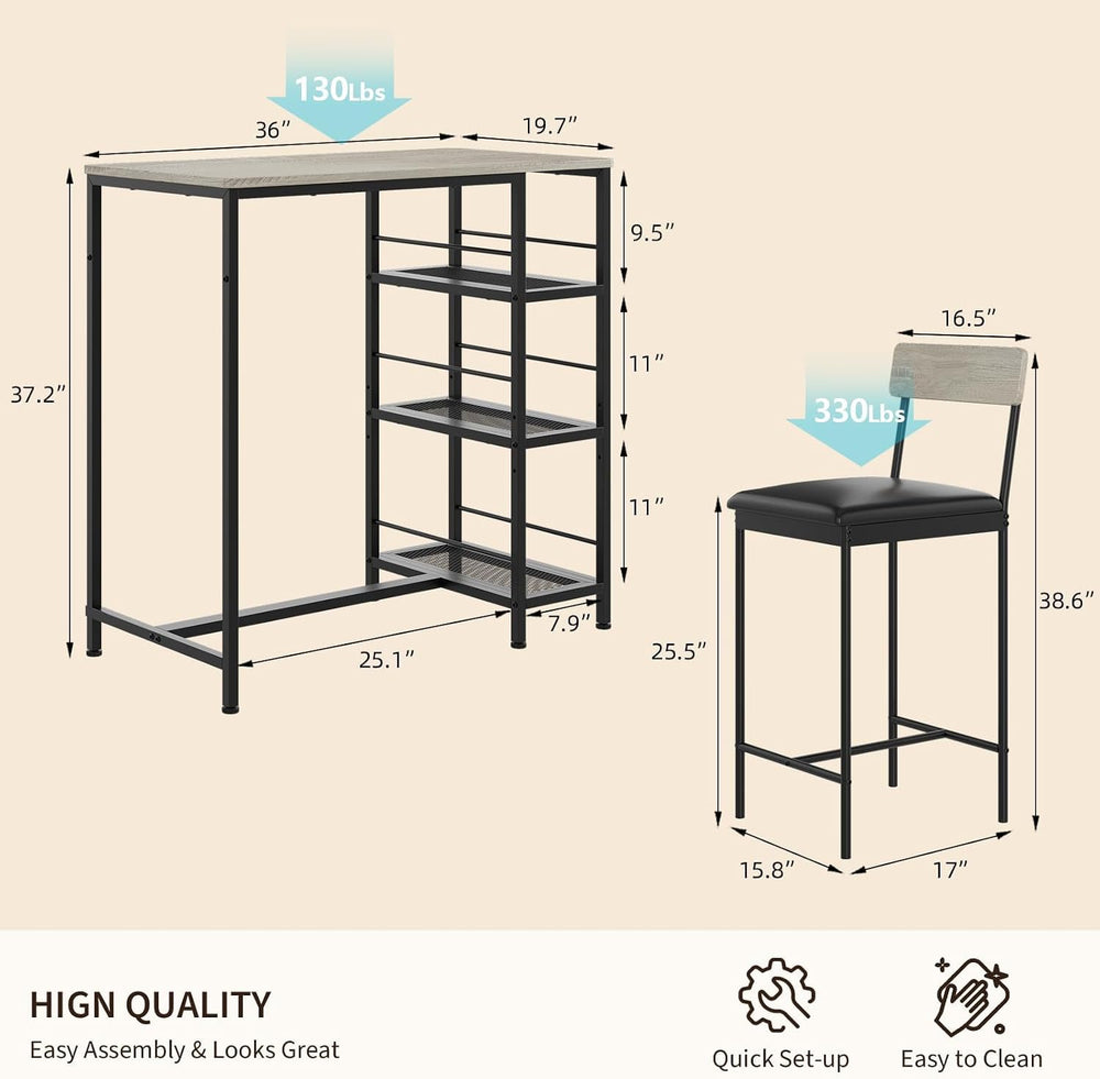 3-Piece Dining Table Set with Storage Shelves and 2 Upholstered Chairs, MDF &...