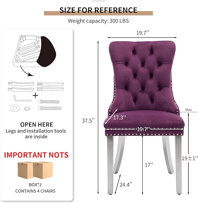 Mid Century Modern Dining Chairs Set of 4, Purple Velvet Upholstered Tufted Back, Kitchen & Dining Room Chairs, Brushed Silver Metal Legs, Nailhead Trim, Sillas para Comedor (Purple, 4 Pcs)