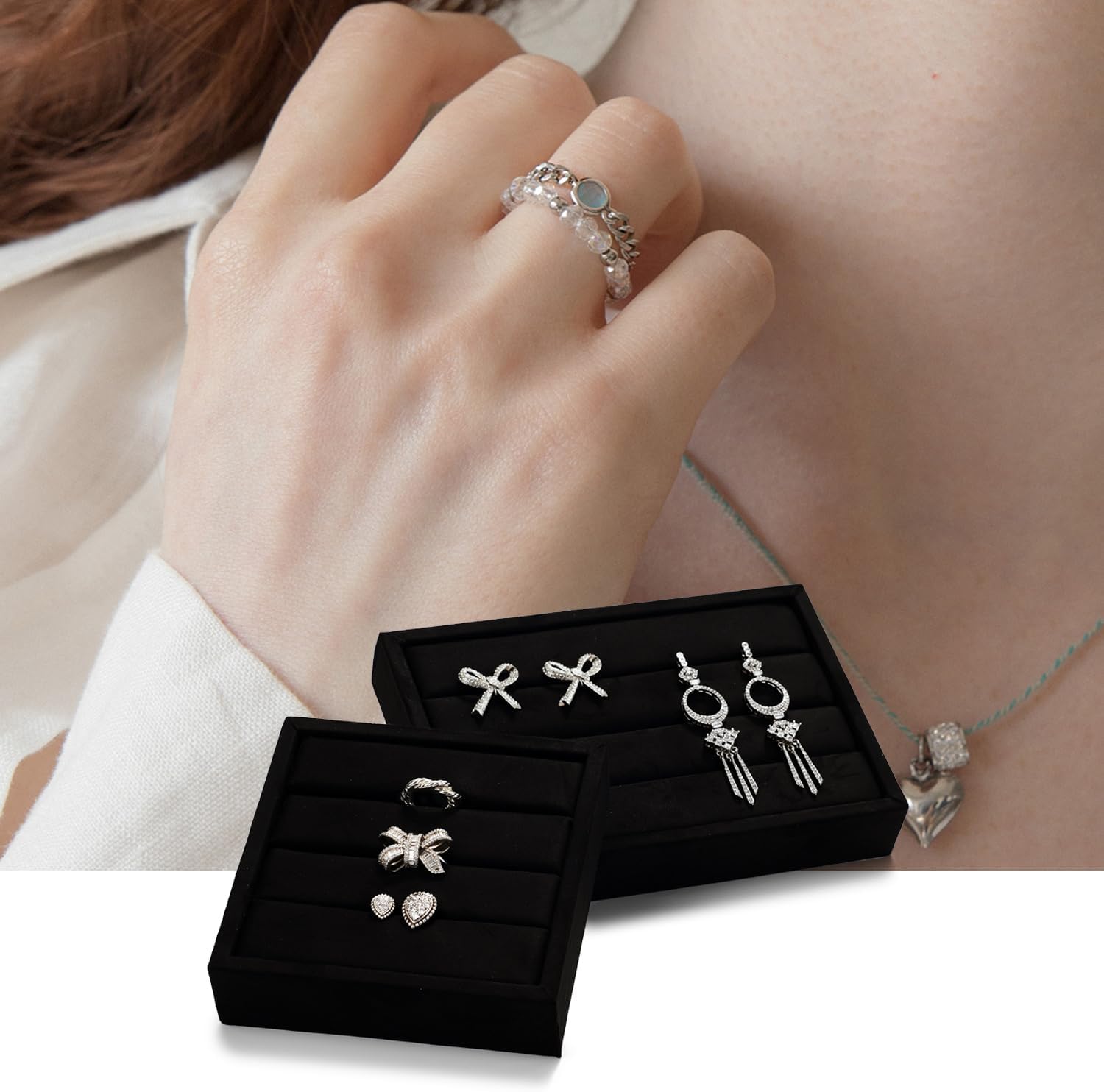 Black Velvet 3-Slots Jewelry Ring Display Tray Showcase Small Jewelry Display Organizer Tray for Rings(M)