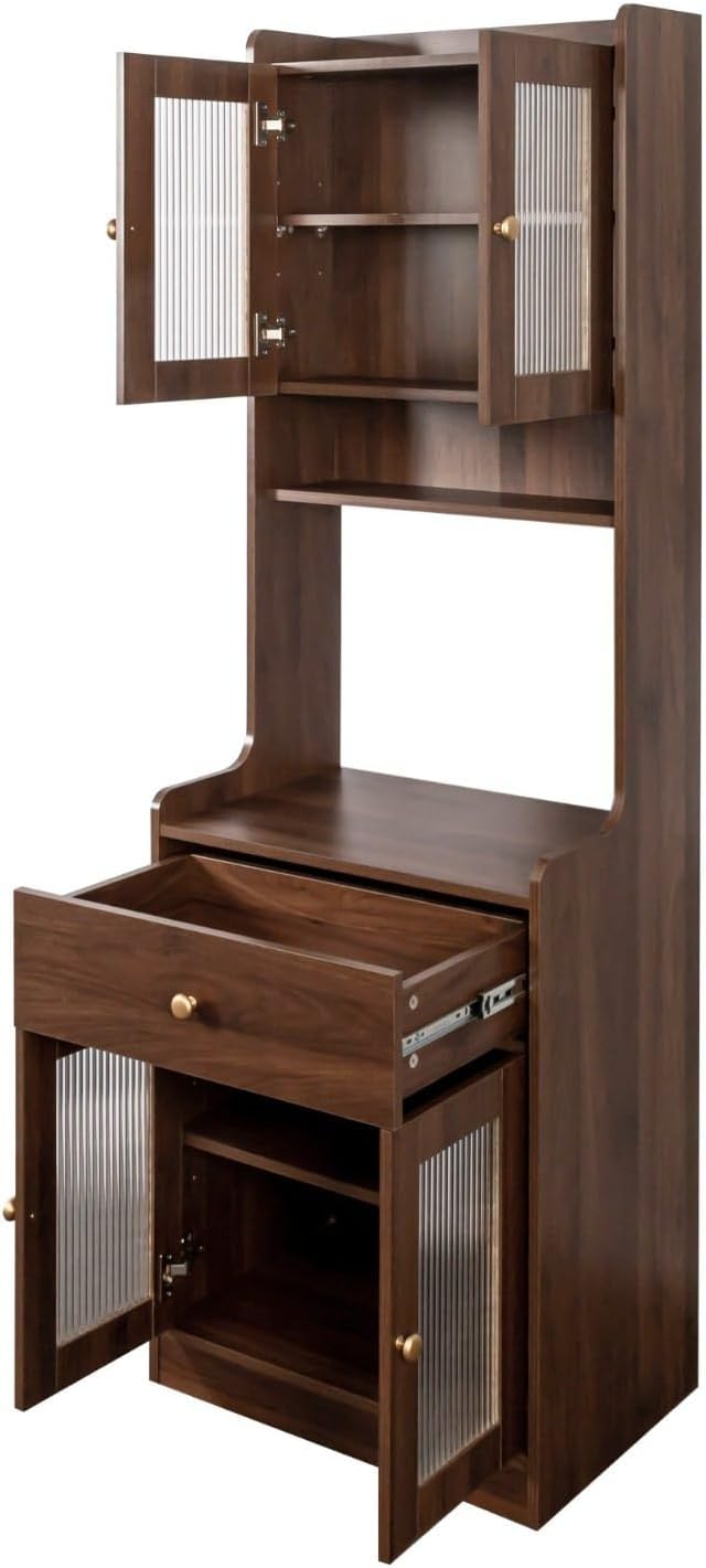 Tall Kitchen Pantry Hutch Cabinet with Glass Doors, 71" Wooden Storage Cabinet with Drawer and Shelves, Walnut Buffet Sideboard for Dining Room & Kitchen Organization