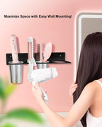 Hair Tool Organizer, Hair Dryer Holder with Heatproof Steel Cups, Acrylic Vanity Organizer for Curling Iron, Flat Iron & Hair Brushes, Perfect for Bathroom (Black, Oversized)