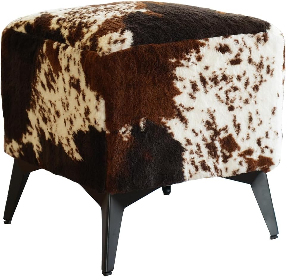 Tricolor Cow Print Ottoman, Faux Cowhide Footstool, Western Style | 16x16x17 ...