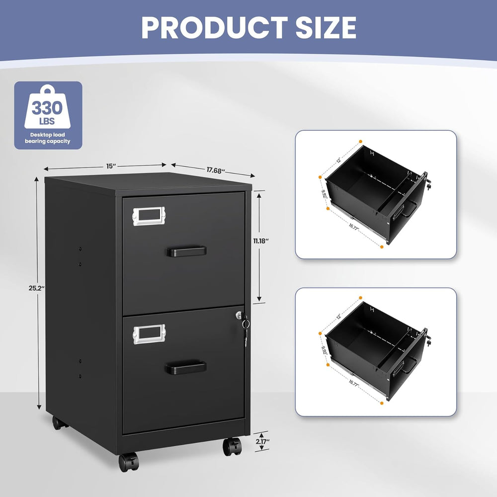 2-Drawer Rolling File Cabinet with Lock, Mobile Vertical File Cabinet for Han...