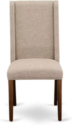 NKFL9-AWA-04-9-Piece Kitchen Table Set Includes a Kitchen Table and 8 Light Tan Linen Fabric Dining Chairs with Padded Chair Back - Antique Walnut Finish.
