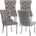 Mid Century Modern Dining Chairs Set of 4, Grey Velvet Upholstered Tufted Back, Kitchen & Dining Room Chairs, Brushed Silver Metal Legs, Nailhead Trim, Sillas para Comedor (Gray, 4 Pcs)