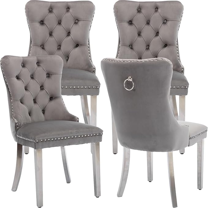 Luxury Upholstered Dining Chairs Set of 4, Grey Kitchen Chair with Silver Met...