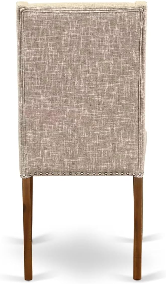 NKFL7-AWA-04-7-Piece Dining Table Set Consists of a Breakfast Table and 6 Light Tan Linen Fabric Dining Chairs with Padded Chair Back - Antique Walnut Finish.