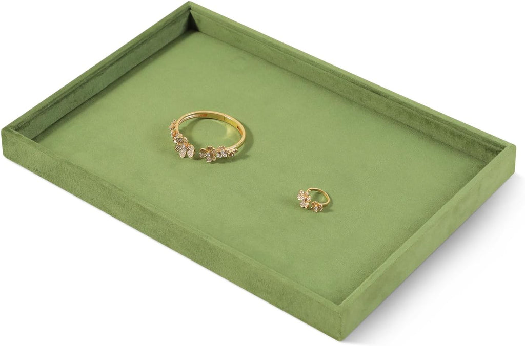 Velvet Stackable Jewelry Display Flat Tray For Ring Earring Necklace Bracelet, Bangle Pendant Storage Blank Plate, Shop Countertop Jewelry Dish Organizer (Olive Green)