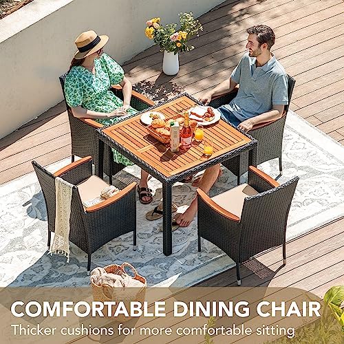 Devoko 5 PCS Acacia Wood Patio Dining Set, Black Rattan