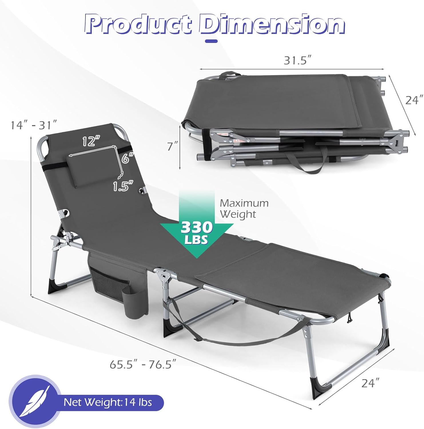 GYMAX Tanning Chair, 3 in 1 Sun Bathing Lounge Chairs with Face/Arm Holes & Side Pocket, Portable Lightweight Face Down Layout Tanning Chair for Outside, Beach, Backyard, Poolside (2, Gray)
