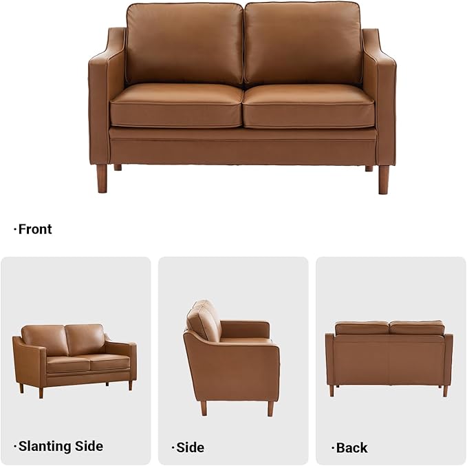 Kingfun 56" Faux Leather Sofa, Loveseat Couch, Mid Century Modern Love Seat Couches with Solid Wood Frame for Living Room & Bedroom, Brown