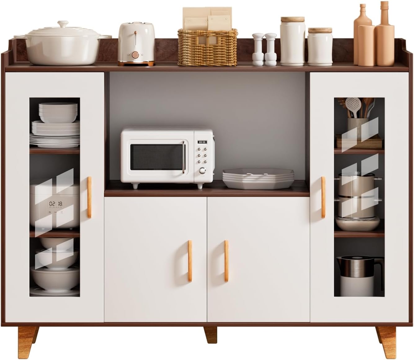 120cm Kitchen Storage Cabinet with 4 Doors & Open Shelf, Wood Grain Buffet Sideboard for Dining Room, Multi-Purpose TV Stand & Coffee Bar Cabinet Brown