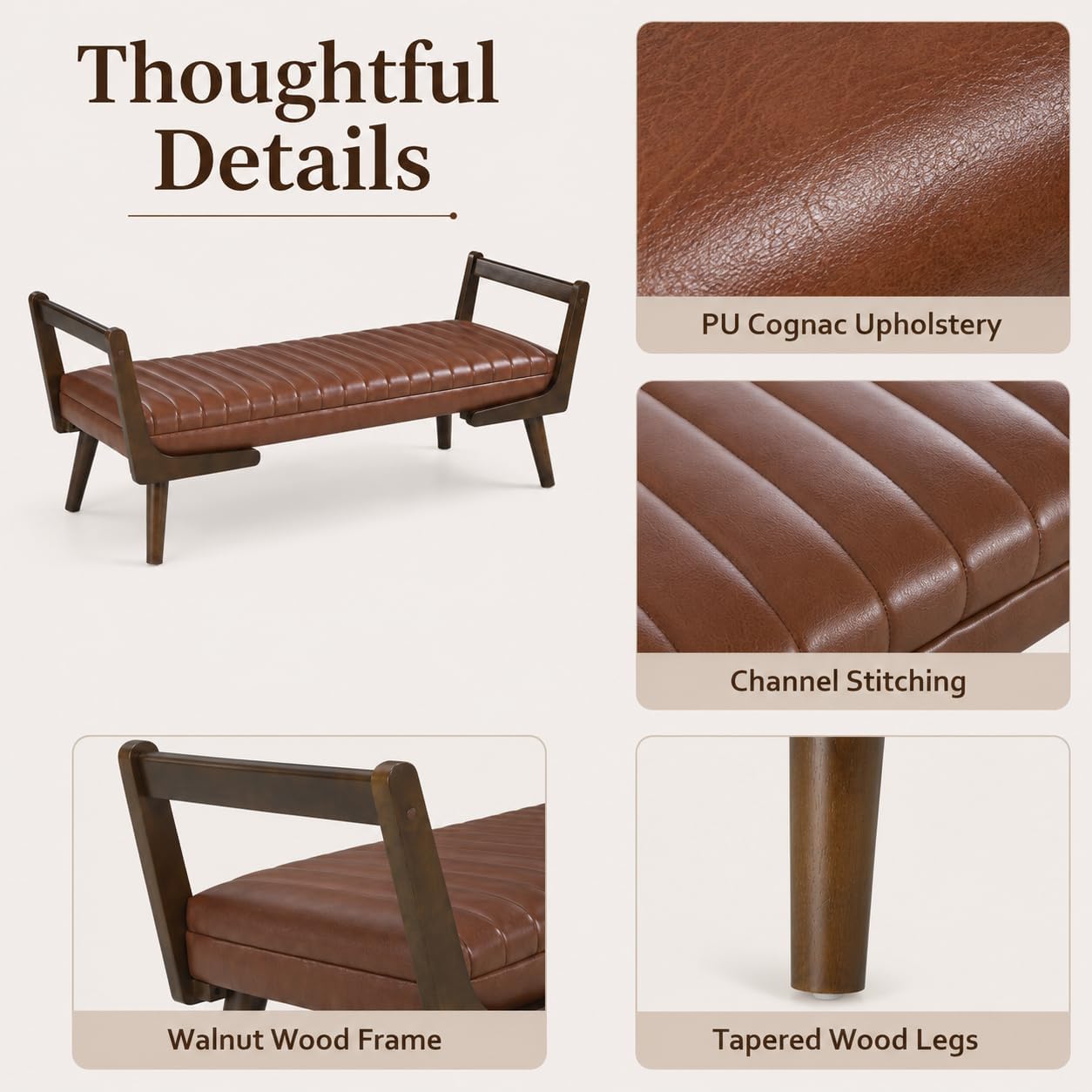 52" Upholstered Bench, Brown Faux Leather, Walnut Legs | Mid-century modern ottoman with high-resilience foam, sturdy wood frame. Ideal for bedroom end of bed, entryway, living room