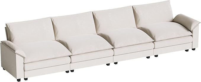 Homall 159" Modular Sectional Sofa, Linear Sofa Couch with Double-Layer Cushion, DIY Combination Chenille Deep 4-Seat Cloud Couch for Living Room, Apartment (White, Linear Sofa)