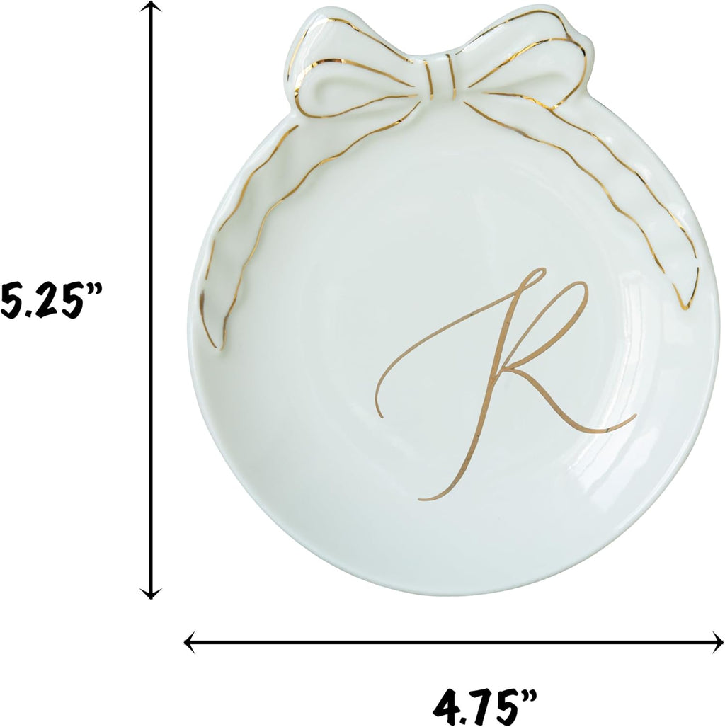 COLLECTIVE HOME - Personalized Initial Ceramic Jewelry Tray with Bow, Christmas Gift Ideas for Women, Small Gift for Girlfriend Wife, Ring Holder, Earrings Dish, Birthday Gift for Her (R)