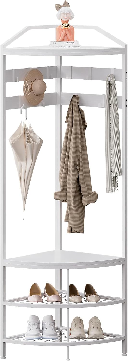 GiftGo Corner Hall Tree with Shoe Bench Entryway Coat Rack with 10 Metal Mova...