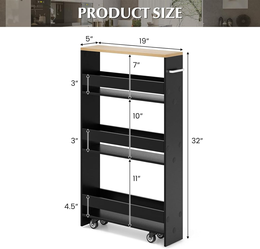 LOKO Slim Storage Cart, 4-Tier Rolling Cart with Handle & Wooden Top for Kitchen Bathroom Laundry Living Room Narrow Small Spaces, 5 Inches Width (Black & Natural)