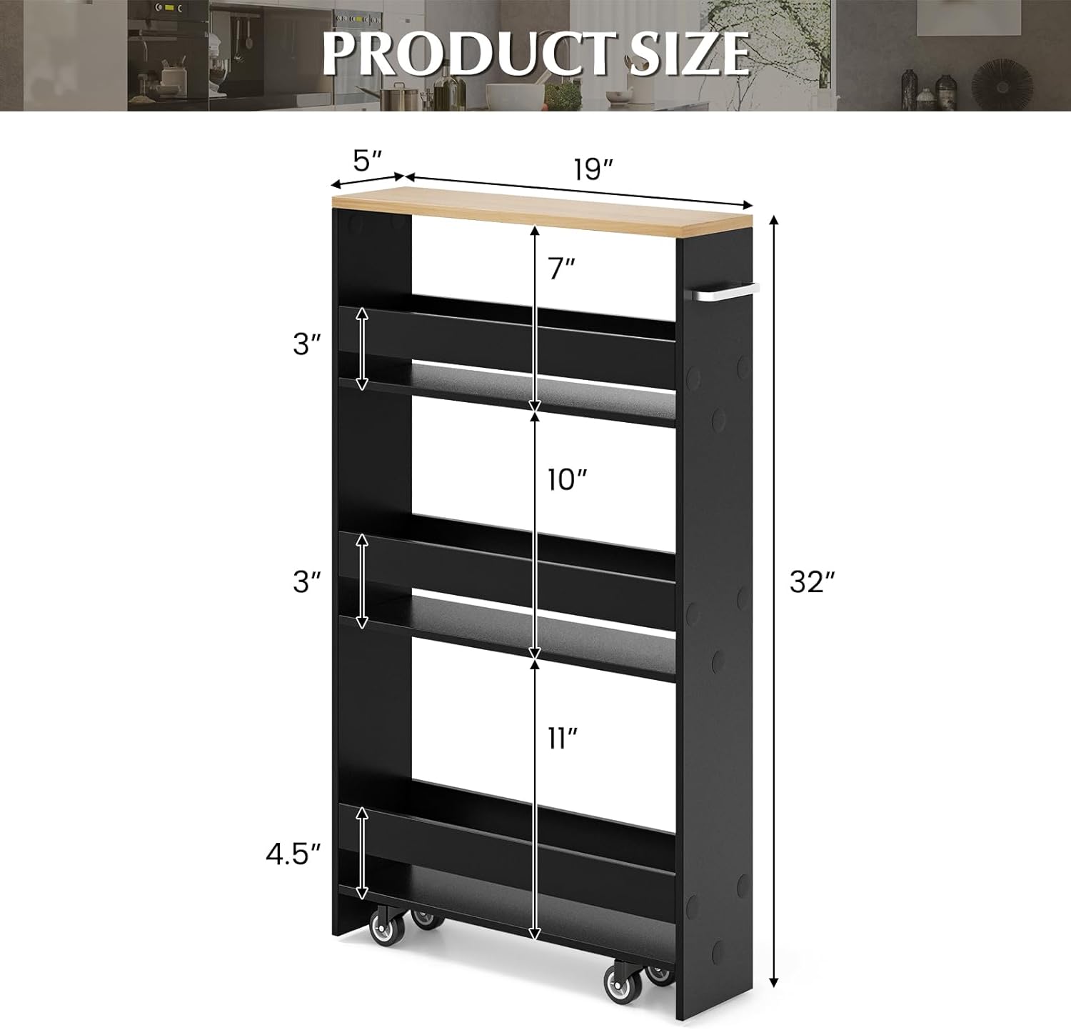 LOKO Slim Storage Cart, 4-Tier Rolling Cart with Handle & Wooden Top for Kitchen Bathroom Laundry Living Room Narrow Small Spaces, 5 Inches Width (Black & Natural)