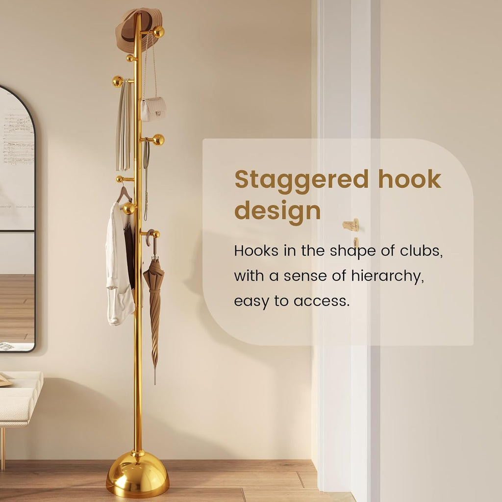 Metal Freestanding Coat Tree with 8 Hooks, Sturdy Coat Rack Stand with Sturdy Base for Clothes/Hats/Bags/Scarves, Coat Rack for Bedroom, Office, Living Room, Entryway, Heavy Duty Base, Gold