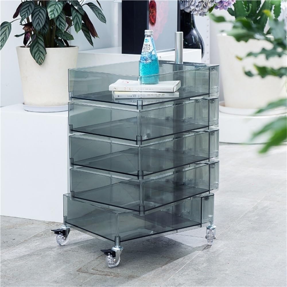End Table with Storage and Wheels Plastic Side Cabinet Storage Cart Bedside T...