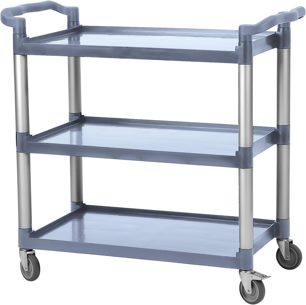 3-Tier Plastic Service Utility Cart with Wheels, Heavy Duty 3-Shelf Rolling Utility/Push Cart for Foodservice/Commercial/Restaurant/Office/Kitchen/Hotel, Grey