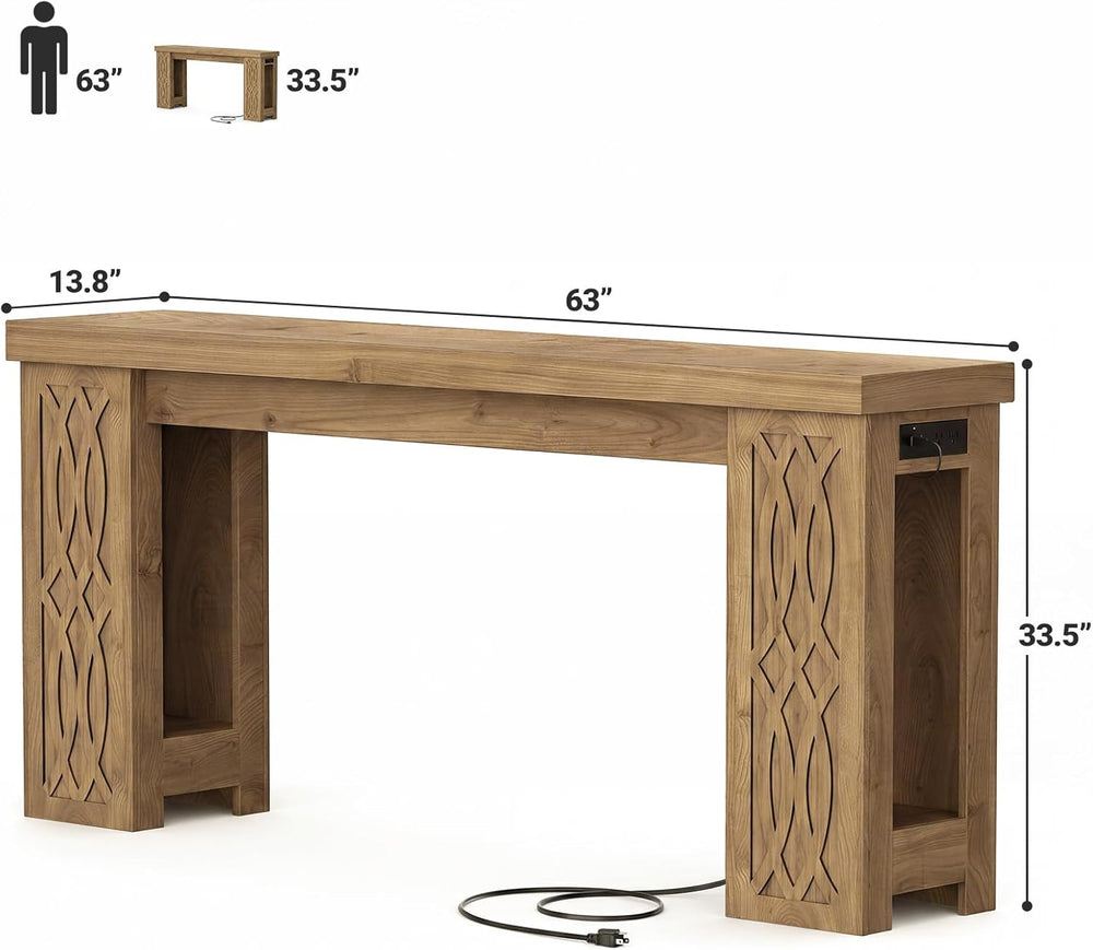 Cyclysio 63" Console Table with Outlet & Colorful LED Lights, Natura...