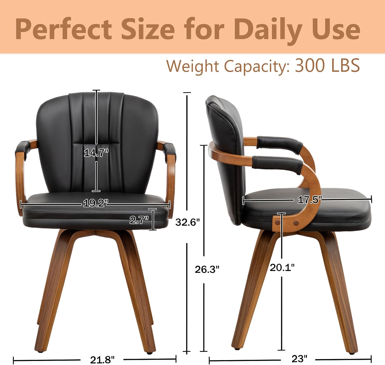 Swivel Dining Chairs Set of 2 Mid Century Modern Black Faux Leather Upholstered Kitchen Chairs with Bentwood Frame Armrests Side Chairs,Comfortable Ergonomic Wood Accent Chair No Wheels