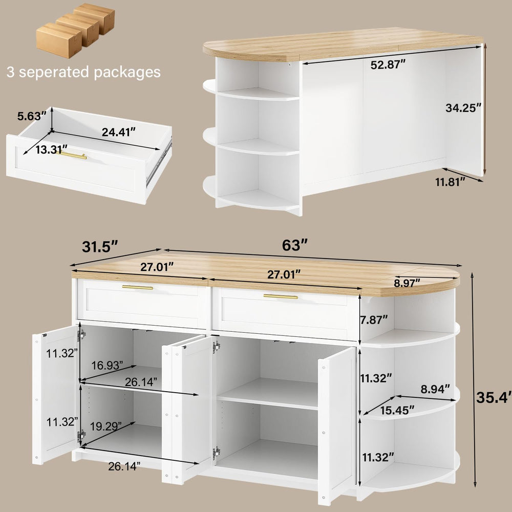 HSH 63 Inch Large Kitchen Island with Storage and Seating, Light Oak | Statio...