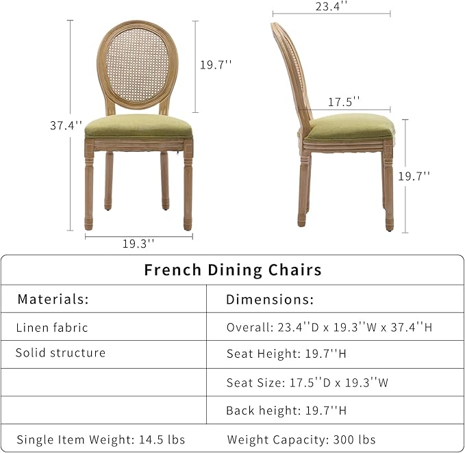 French Country Dining Chairs Set of 2, Olive Green Kitchen & Dining Room Chairs Set of 2, Rattan Dining Chairs, Cane Back, Wood Legs, Sillas De Comedor (Rattan, Olive Green, 2Pcs)