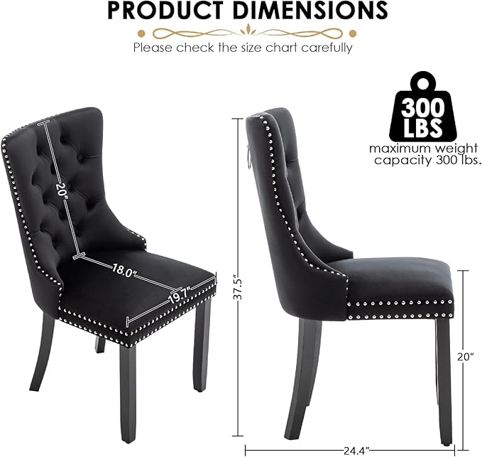 Kiztir Velvet Dining Chairs Set of 2, Upholstered Dining Room Chairs with Ring Pull Trim and Button Back, Luxury Tufted Modern Dining Chair for Living Room, Bedroom, Kitchen (Black)