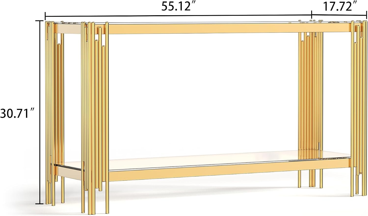 55” Rectangle Glass Console Table, 2-Tier Sofa Table with Clear Tempered Glass Top Golden Mirrored Stainless Steel Legs, Modern Luxury Narrow Entryway Table with Lower Shelf for Living Room